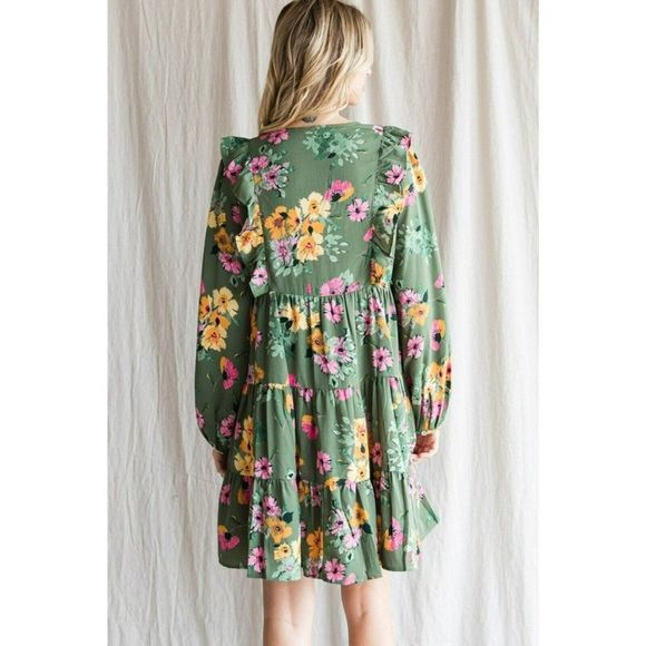 JODIFL Emerald Green Floral Print Dress Buttons Ruffled Fall New S-L H20347 - Picture 2 of 6